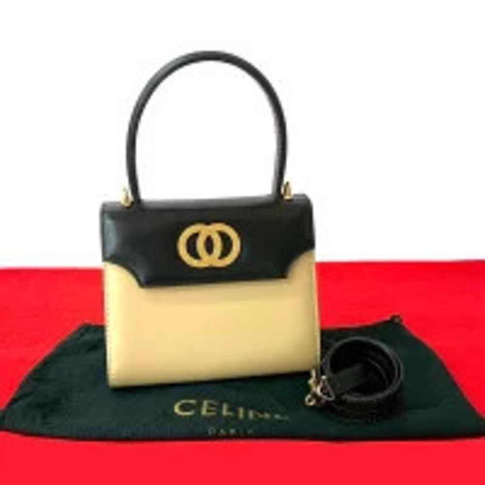 CELINE Circle Logo Calf Leather Handbag Shoulder Black Beige